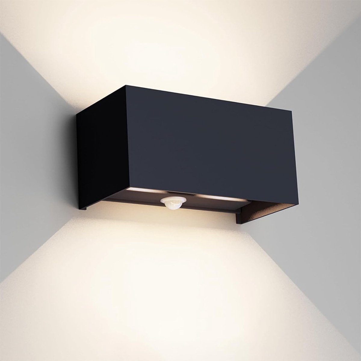 Buitenlamp met Bewegingssensor - Wandlamp met Sensor - 3000K - IP65 - 20.3x10x10cm - 20W - Zwart - LED