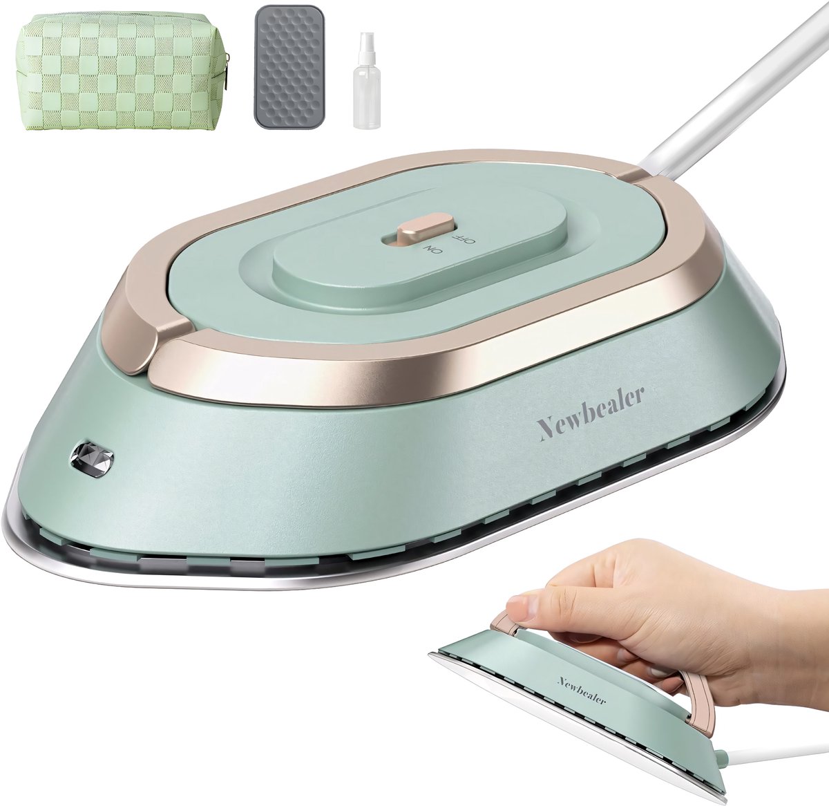 Newbealer Reisstrijkijzer Dual Voltage – Mini Strijkijzer – Kleine Strijkbout – Droogstrijkijzer – Inklapbaar – 120/220 Volt - Groen/Goud