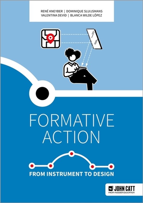 Boekomslag: 'Formative Action From Instrument to Design' met auteurs, een gestileerde afbeelding van een persoon die een tablet gebruikt en een kaarticoon.