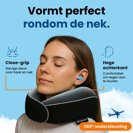 Vrouw met een zwart, ergonomisch nekkussen met grijze voering. "Close-grip" en "Hoge achterkant".