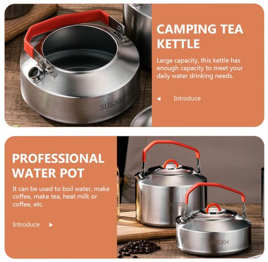 Campingketel - Waterkoker van roestvrij staal 304 - Theeketel voor buiten - Waterkoker voor op het fornuis - 1L - Met handvat - Geschikt voor het koken van water, het maken van koffie, het zetten van thee, het verwarmen van melk of koffie - Zilver — afbeelding 3