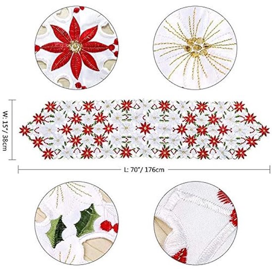 KAHEIGN 38CM x 176CM Chemins De Table De Noël, 2 Côtés Coton Et Lin Brodé Chemin De Table Poinsettia Et Feuille De Houx Linge De Table pour La Décoration De Table De Mariage Décorations De Noël