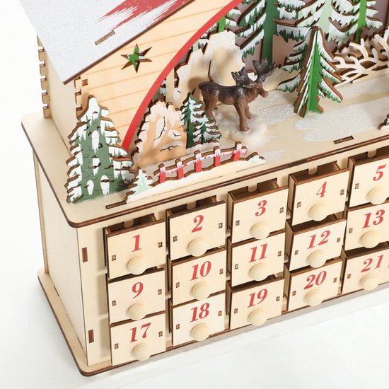 HOMCOM Adventskalender Kerstdorp, 18 LED's, 24 Laden, herbruikbaar, 45 x 9 x 42,5 cm, kerst