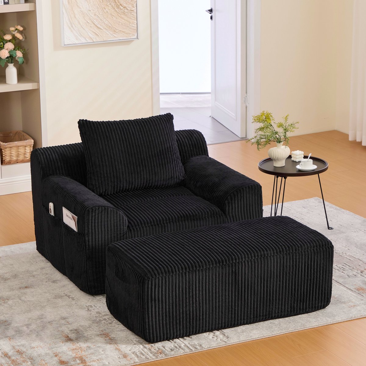 PHOEBE CAT Fauteuil - Met hocker - Enkele bank - Kussen - Corduroy - Geen montage nodig - Zwart