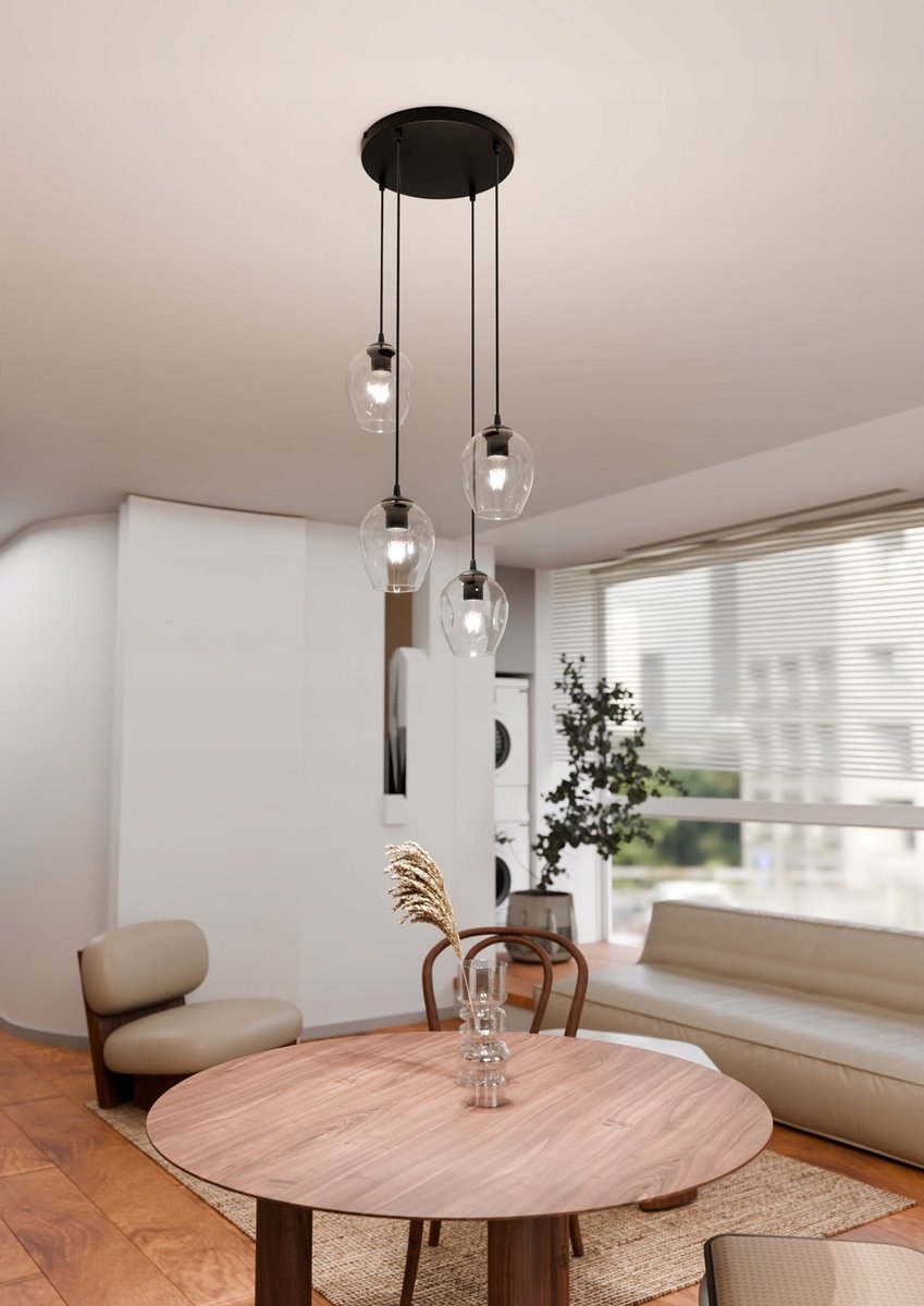 ISTAR 4-lichts hanglamp, transparant geglazuurde kappen, zwart
