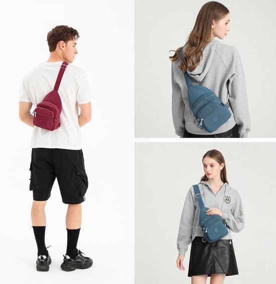 Een man met een bordeauxrode crossbody tas en een vrouw met een blauwe crossbody tas.