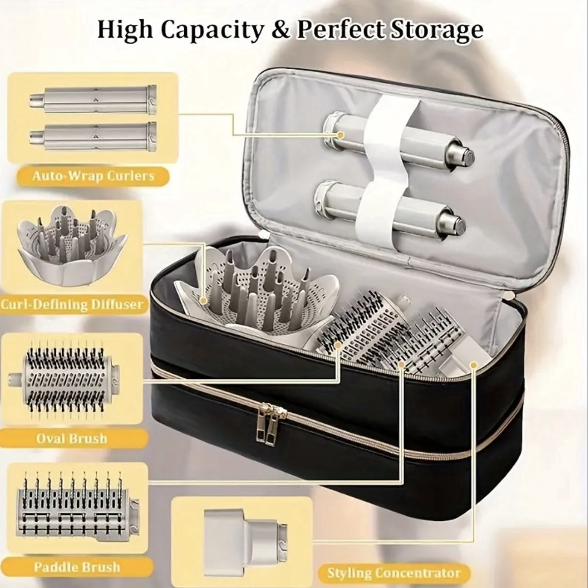 Ultiluxe® Luxe opbergtas fohn borstel - Zwart/goud - Geschikt voor Dyson - Krultang tas, opbergstukken, krulborstel, fohnborstel - Opbergen haar accessoires - Airwrap styler case - Opberger - Haardroger, stijlborstel, stijltang — afbeelding 2