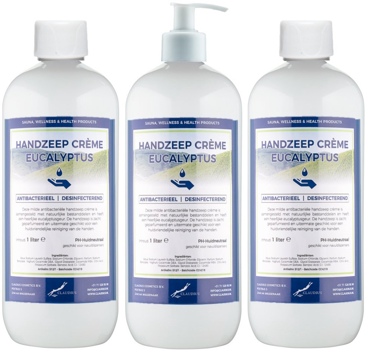 Handzeep Crème Eucalyptus 1 liter - set van 3 stuks - met gratis pomp - Voordeelverpakking
