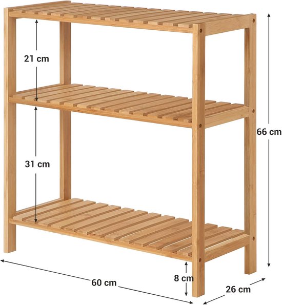 Een bamboe rek met drie lattenplanken en afmetingen: 66 cm hoog, 60 cm breed, 26 cm diep.