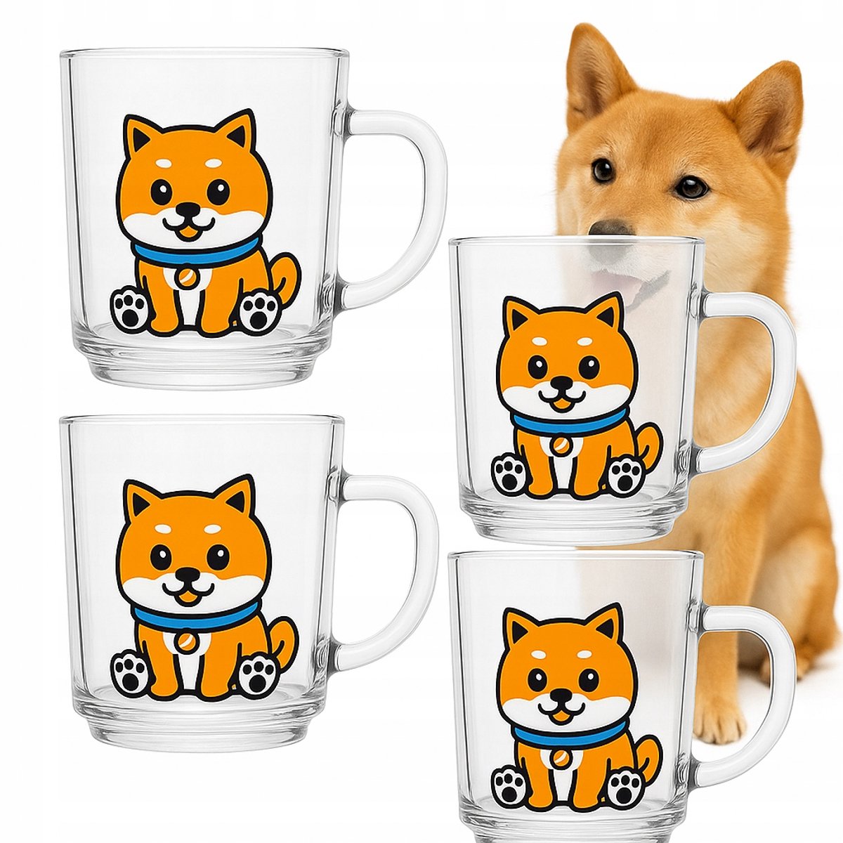 Set van 4 Shiba Inu Glazen Mokken 220ml - Leuk voor Kinderen