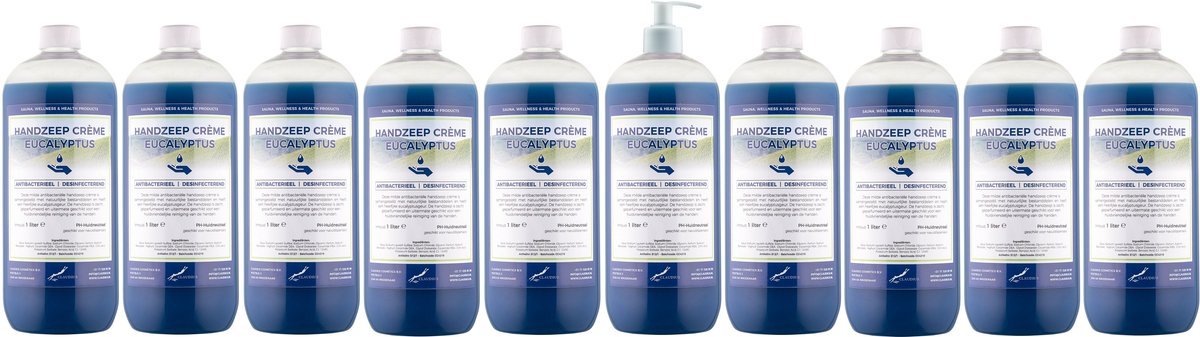 Handzeep Crème Eucalyptus 1 liter - set van 10 stuks - met gratis pomp - Voordeelverpakking