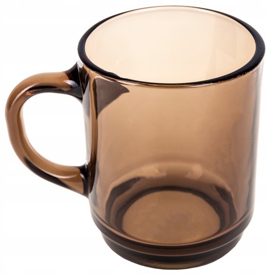 Mug en verre marron avec anse, avec détail côtelé sur le bas.