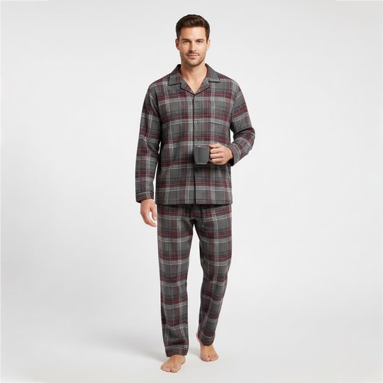 Ensemble pyjama en flanelle La V pour homme, motif à carreaux Grijs et bordeaux, taille S