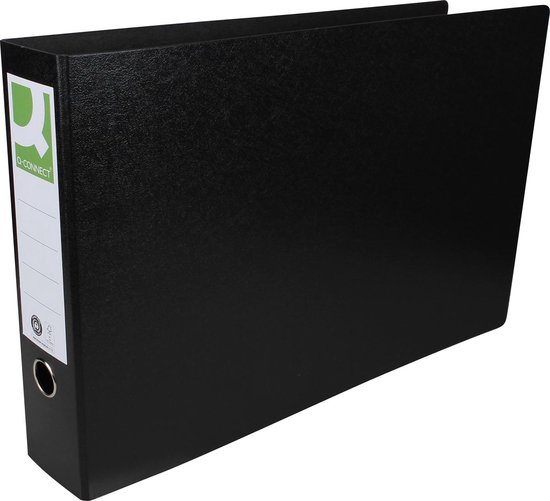 Zwarte Q-CONNECT ordner, liggend, rug van 8 cm. Met labelruimte op de rug.