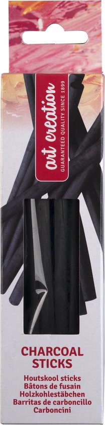 Verpakking met 'art. creation' logo, met tekst 'CHARCOAL STICKS' en 'Houtskool sticks'. Zwarte stokjes zichtbaar.
