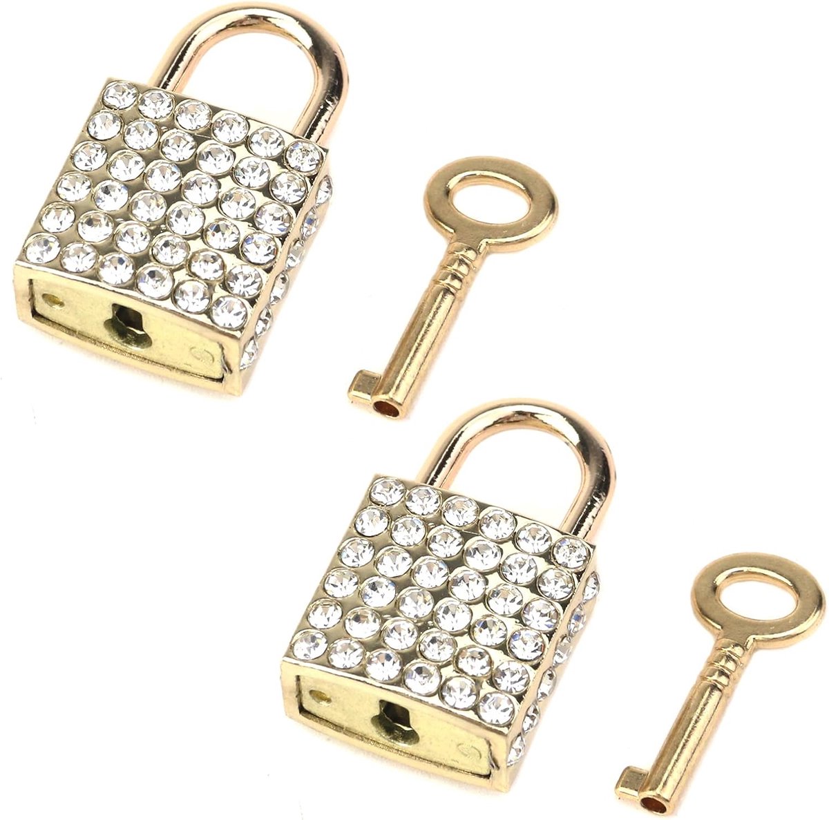 Image of 2 stuks - decoratieve hangsloten - van zinklegering - klein vierkant goud - bling decoratief slot - met sleutel - voor bagagekast/ handtas
