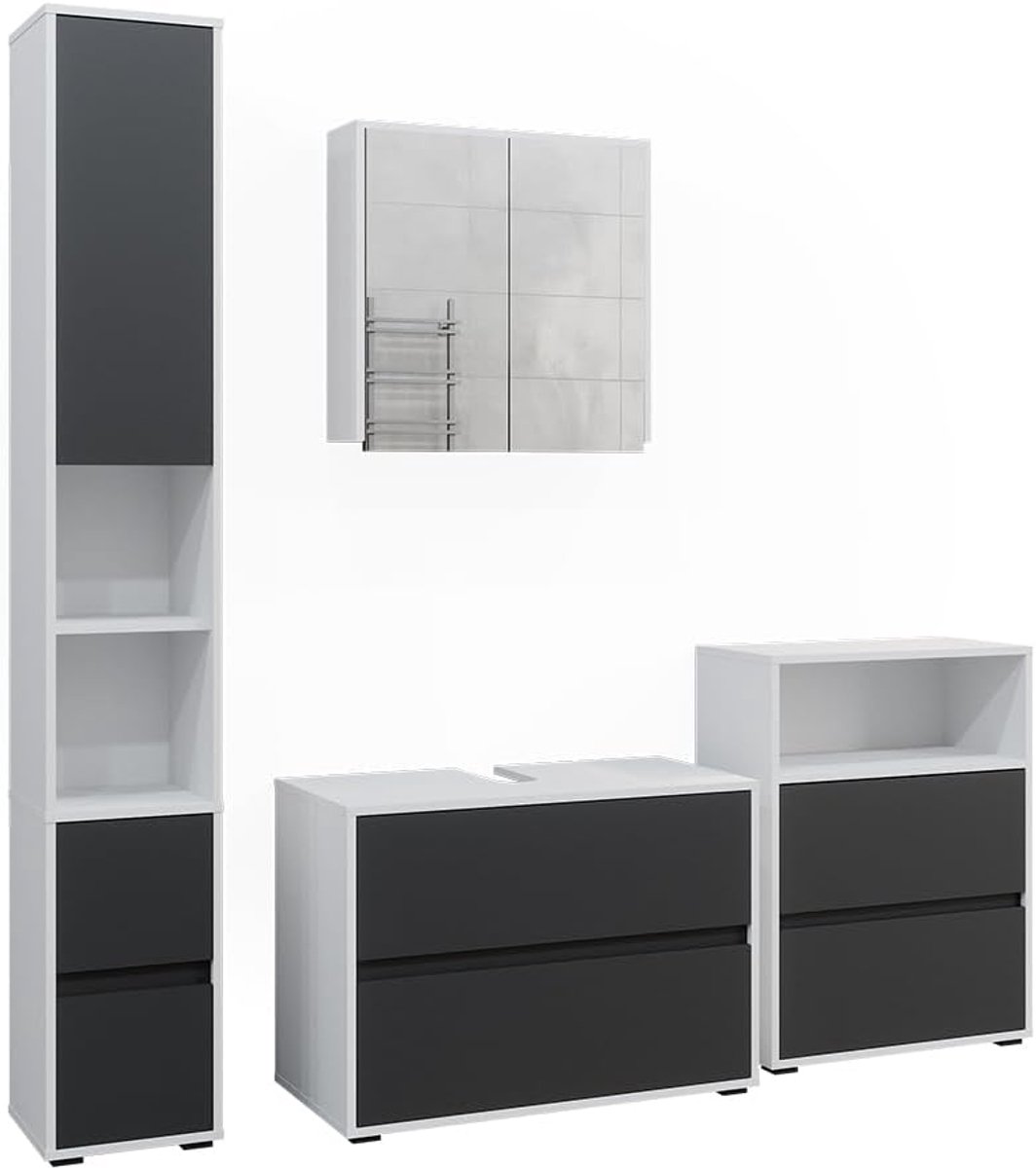Luxe Badkamermeubelset "Maltin Deluxe" – 4-Delig – Wit / Antraciet – Moderne Badkamerkastenset met Spiegelkast, Hoge Kast, Wastafelmeubel & Midi Kast – Melamine Hout – Vlekbestendig & Onderhoudsvriendelijk