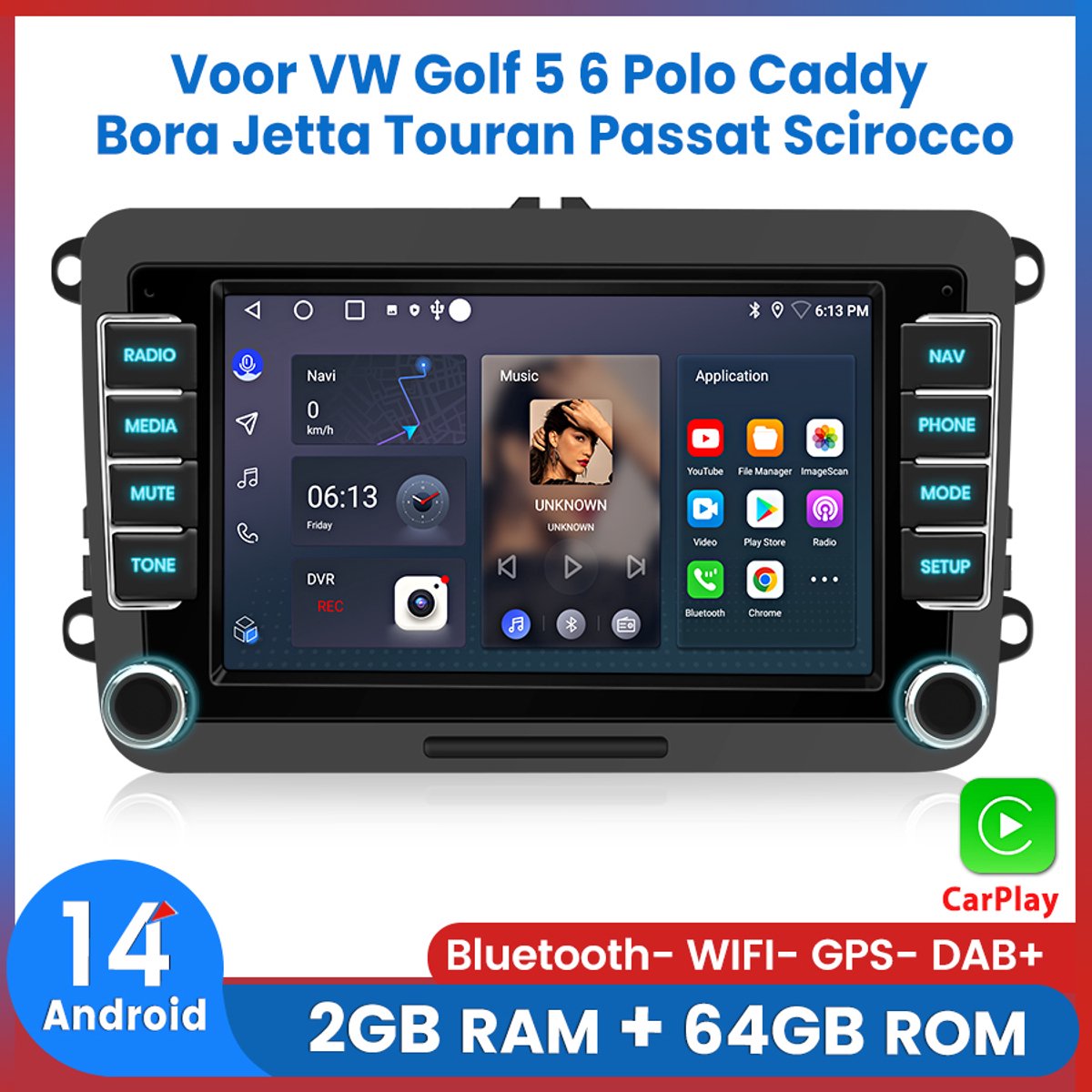 Awesafe Autoradio 2+64GB met Carplay en Android Auto - Geschikt Voor VW Volkswagen Golf 5 6 Polo Caddy Bora Jetta Touran Passat Scirocco - Android 14 - Radio met navigatie - 7 inch HD touchscreen