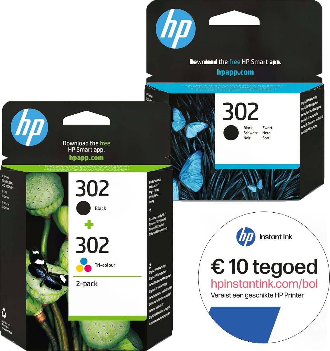 HP 302 - Inktcartridge kleur & 2x zwart (3-pack) + Instant Ink tegoed