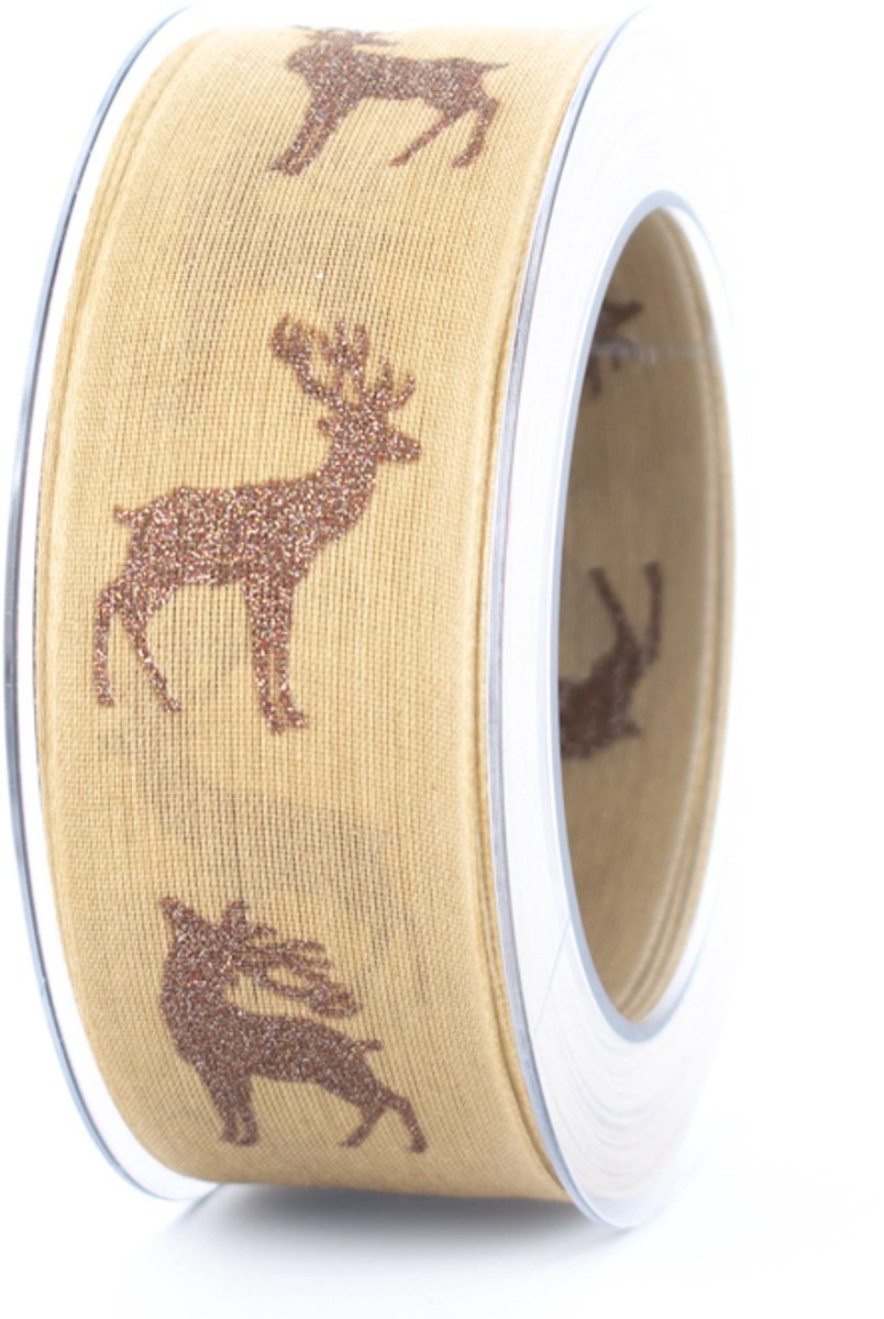 Kerstlint - Bruin met bronzen rendieren - 4 cm breed - 20 meter lang - Decoratief lint