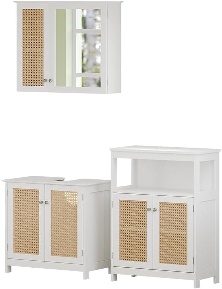Deluxe Rosario Badkamermeubelset – 3-delig – Wit Modern – Spiegelkast + Wasbakonderkast + Opbergkast – Luxe MDF Badkamerkastenset