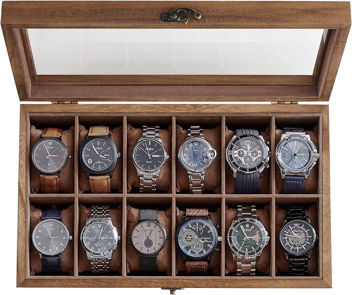 PromoHome Horlogedoos met 12 Vakken - Massief Houten Horlogekast Organizer met Groot Glazen Dekstel - Horlogedisplay Doos met Uitneembare Kussentjes - Rustieke Notenhout Design