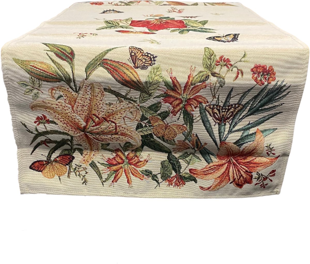 Tafelloper - luxe gobelinstof - Tiffany- Kleurige rode bloemen en vlinders - 45 x 140 cm