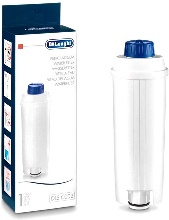 Wit waterfilter met blauwe dop, verpakt in een blauwe doos met 'DeLonghi' logo en 'FILTRO ACQUA WATER FILTER' tekst.