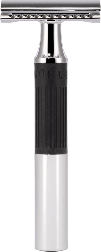 MÜHLE NEO gesloten kam veiligheidsscheermes met zwarte geribbelde grip en chroomafwerking.