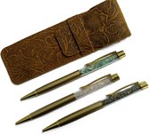 Coffret de stylos et étui en cuir - Stylos en pierres précieuses - Idée cadeau - Coffret d'écriture - 3 stylos avec étui