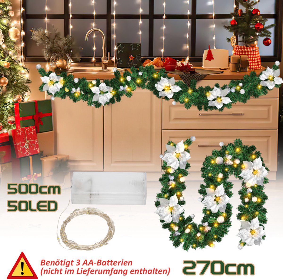 Kerstguirlande 2.7M Guirlande met verlichting Zwaardere kwaliteit Guirlande Kerstverlichting met zilver decoratief – foto 2