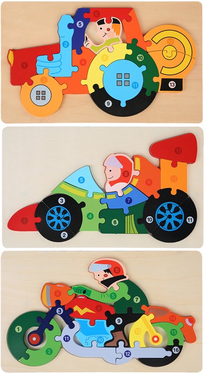 Houten Blokpuzzel-Montessori Speelgoed-3D puzzel-Kinderen-3 Jaar-Gift-Cadeau-Auto,Motorfiets,Racewagen, Educatief Spel voor 3 4 5 6 7 Jaar, Cadeau voor Jongens en Meisjes