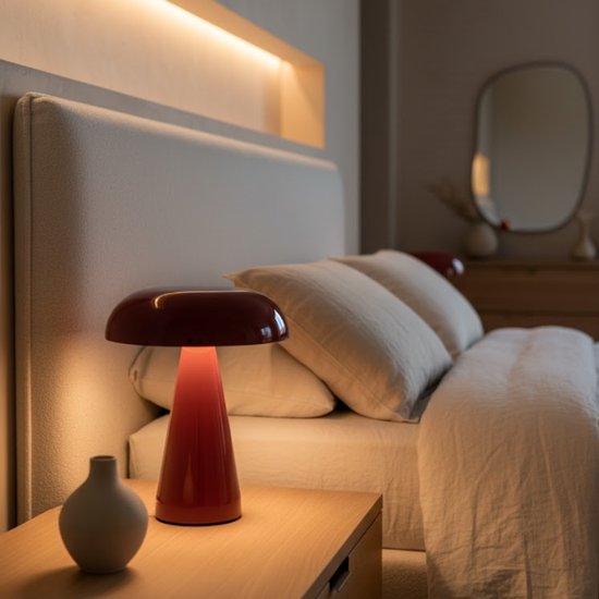 Rode champignon tafellamp op een nachtkastje naast een bed.