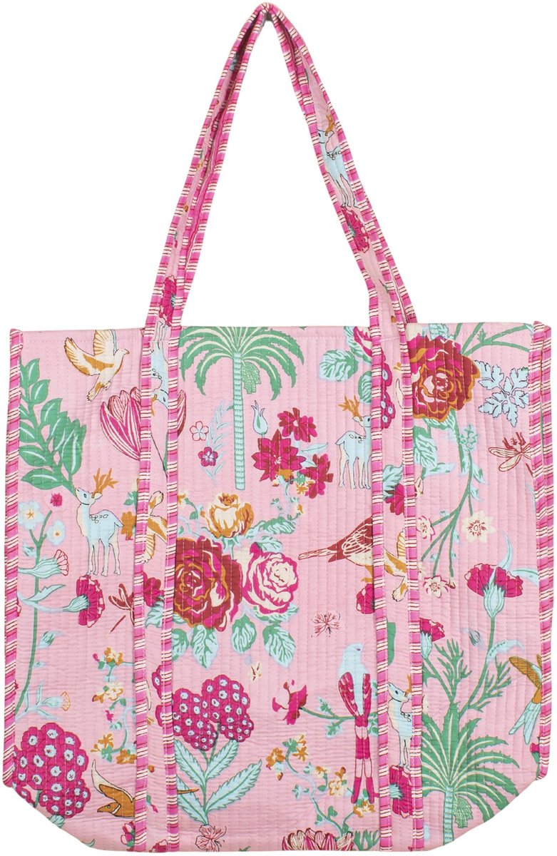 Bambooya schoudertas - tote bag - bohemian style - made in India - Shopper - Ibiza Style - Lichtroze met bloemenprint
