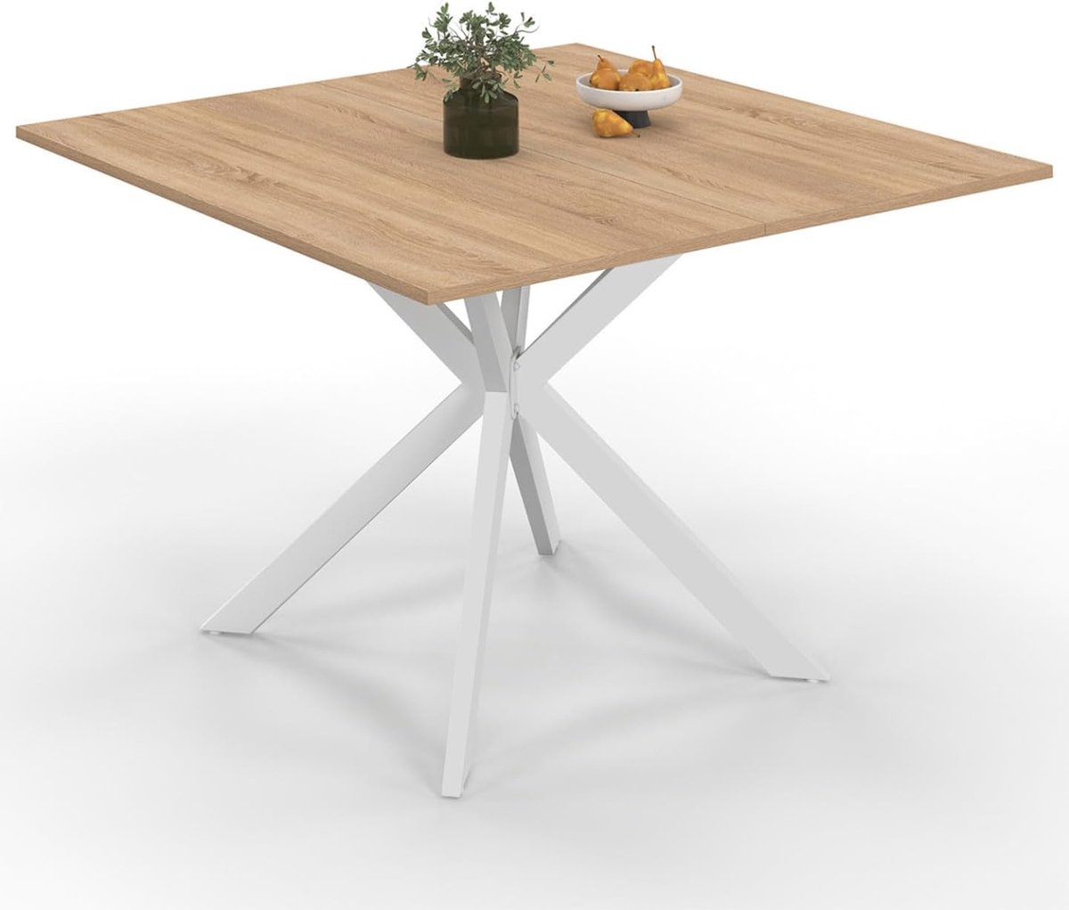 Vierkante Eettafel 110 cm – Voor 8 Personen, Spinnenvoet van Hout met Witte Afwerking, Sti