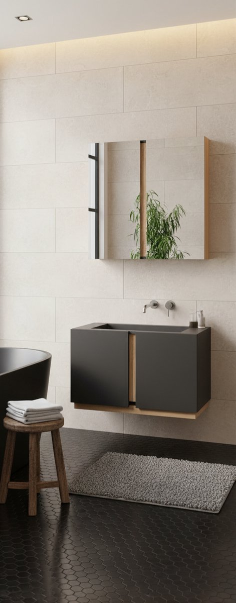 Gloria Luxe Badkamermeubelset – Anthraciet / Sonoma Eiken – Wastafelonderkast + Spiegelkast – Modern Greeploos Design – Ruimtebesparend Badmeubel – Soft-Close – 2-Delig
