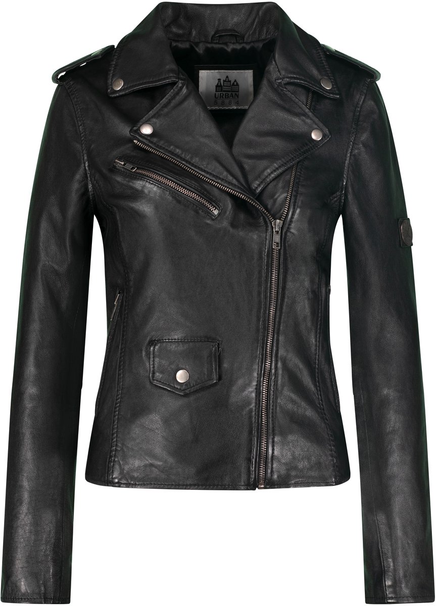 Urban 5884® - Amy - Perfecto Dames Jas - Zilveren Schuine Rits – Zwart - Lams Leer – Maat 4XL