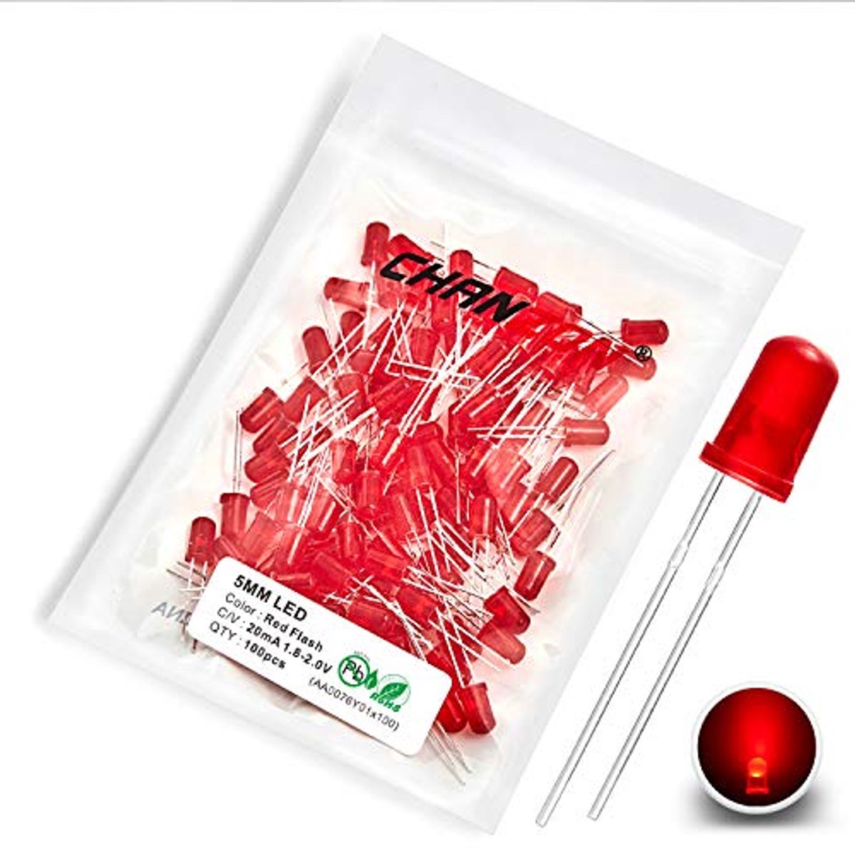 100 stuks 5 mm knipperende rode LED-diodes - 1,5 Hz flikkerlicht (DC 2V 20mA)