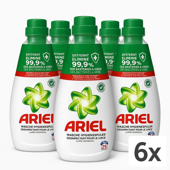 Ariel Hygienic Powerwasmiddel flesjes met groene dop en opvallend groen Ariel logo. 6x1L voordeelverpakking.