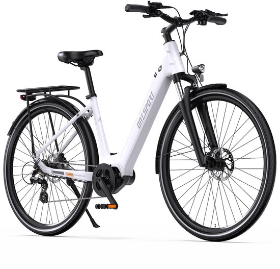 Vélo électrique ONESPORT OT07 - Autonomie 110 km - Batterie amovible 36 V 14 Ah - Moteur central BAFANG 250 W - Freins à disque hydrauliques - Shimano 7 vitesses - Cadre aluminium - Vélo de ville électrique - Wit