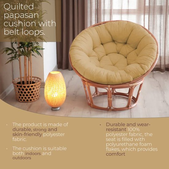 Fauteuil Papasan confortable en rotin avec coussin rembourré pour l'intérieur et l'extérieur – 90 cm, Cappuccino
