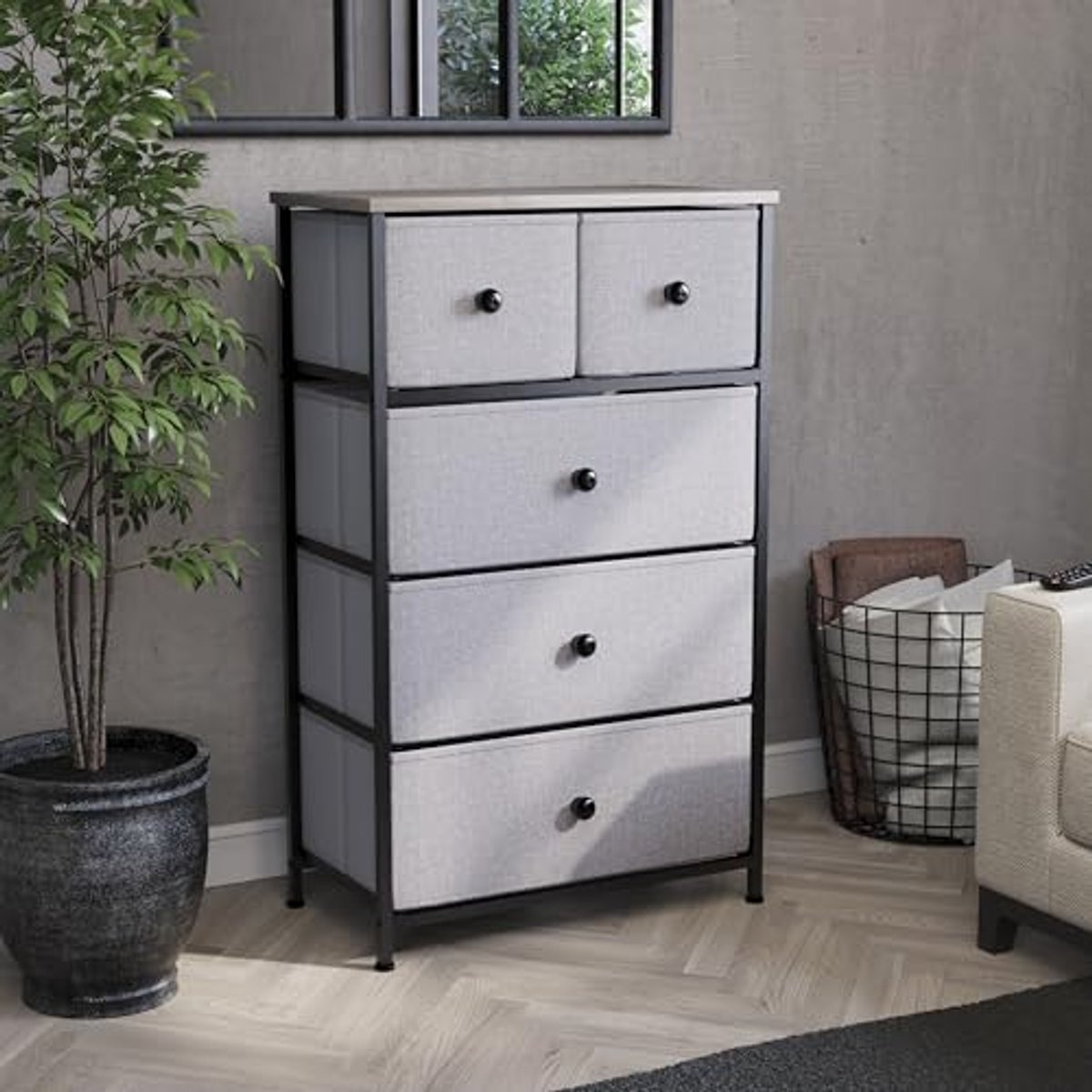 Image of 5-lades stoffen opbergkast met houten top en metalen frame voor slaapkamer en woonkamer