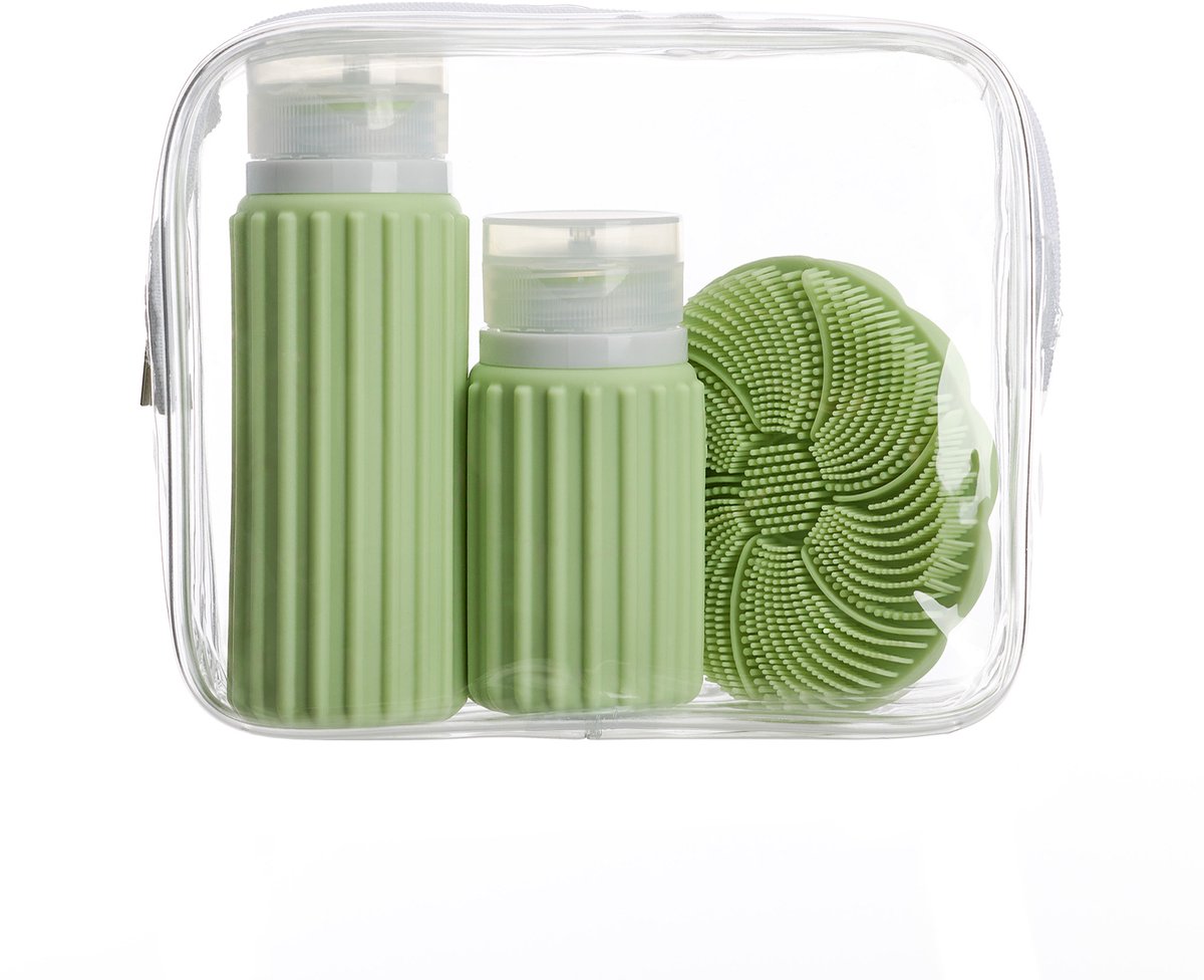 Muitomas Reistas + gezichtsborstel + 2 flesjes – Compact - Waterdichte transparante tas - Siliconen reisflessen - Groen