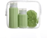 Muitomas Sac de voyage + brosse faciale + 2 flacons – Compact - Sac transparent étanche - Flacons de voyage en silicone - Vert