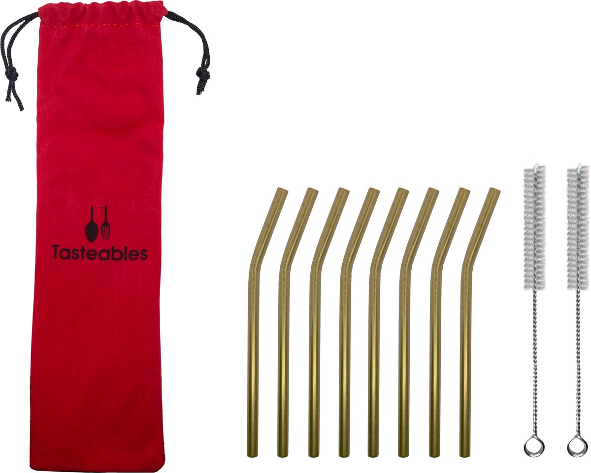 RVS Rietjes Gebogen - Tasteables - Cocktail Rietjes - Set van 8 - Duurzaam - Herbruikbaar - Reinigingsborstel - 140mm lengte - Goud