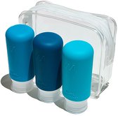Trousse de voyage Muitomas + 3 flacons - Format bagage cabine - Siliconen - Code couleur facile - 3 x 98 ml - Bouchons anti-fuite - Blauw
