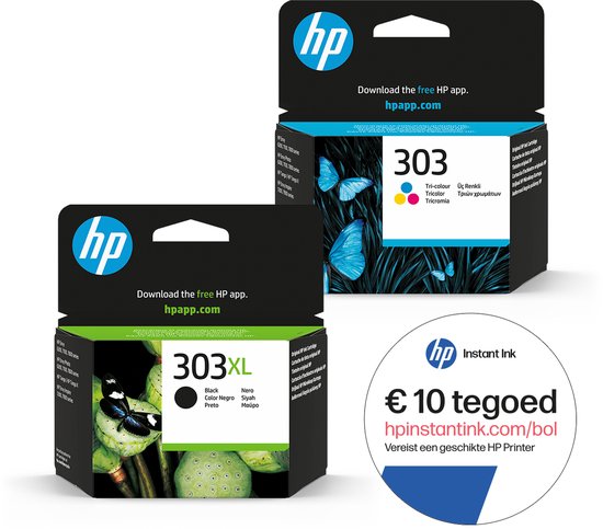HP 303XL Zwart en HP 303 Kleuren inktcartridges met vlinders op de verpakking.