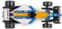Bovenaanzicht van een blauwe, witte en gele LEGO Williams FW14B Formule 1 auto met "Canon", "Goodyear" en "Elf" logo's.