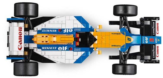 Bovenaanzicht van een blauwe, witte en gele LEGO Williams FW14B Formule 1 auto met "Canon", "Goodyear" en "Elf" logo's.