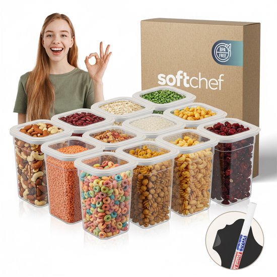 Soft Chef Viola 12-delige vierkante voedselbewaarset (12 × 1250 ml) – BPA-vrije kunststof voedselcontainers met beige deksels – Luchtdichte voorraadbakken & Vaatwasmachinebestendig